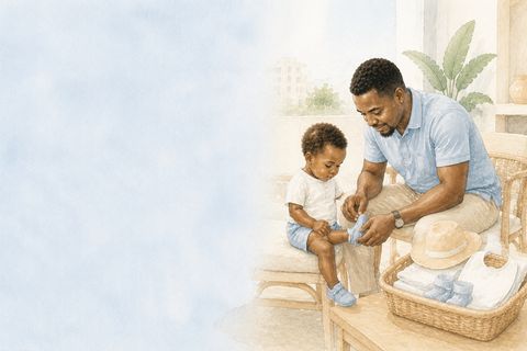 Un père enfile de petits chaussons à son bébé assis sur une table
