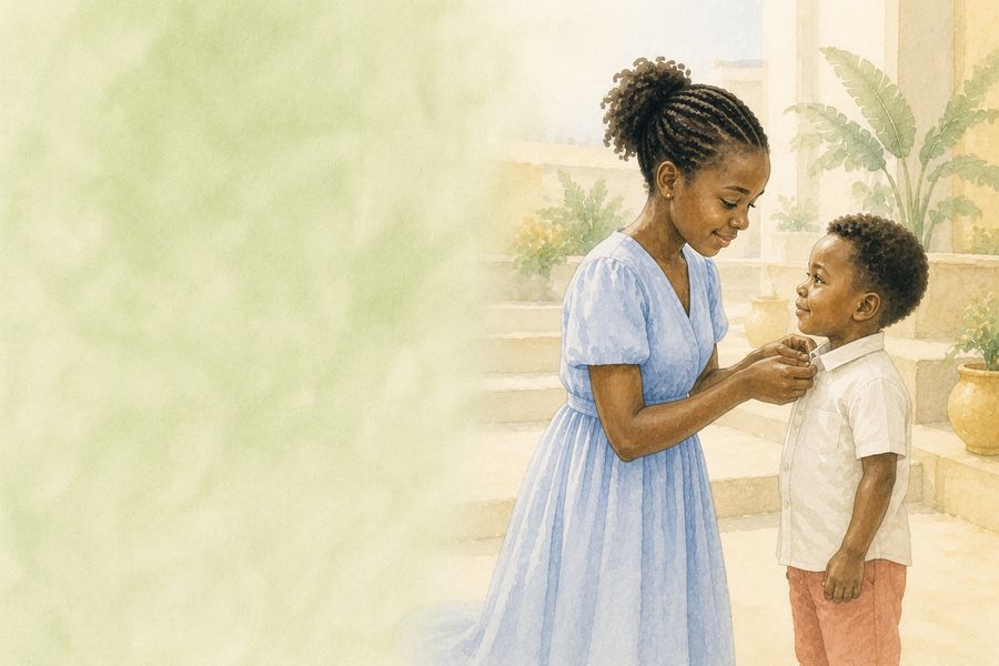 Une mère boutonne la chemise de son jeune garçon