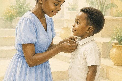 Un jeune garçon ivoirien en chemise claire, la chemise boutonnée par sa mère