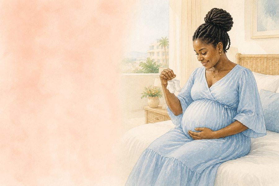 Une femme enceinte assise sur son lit, une main sur son ventre